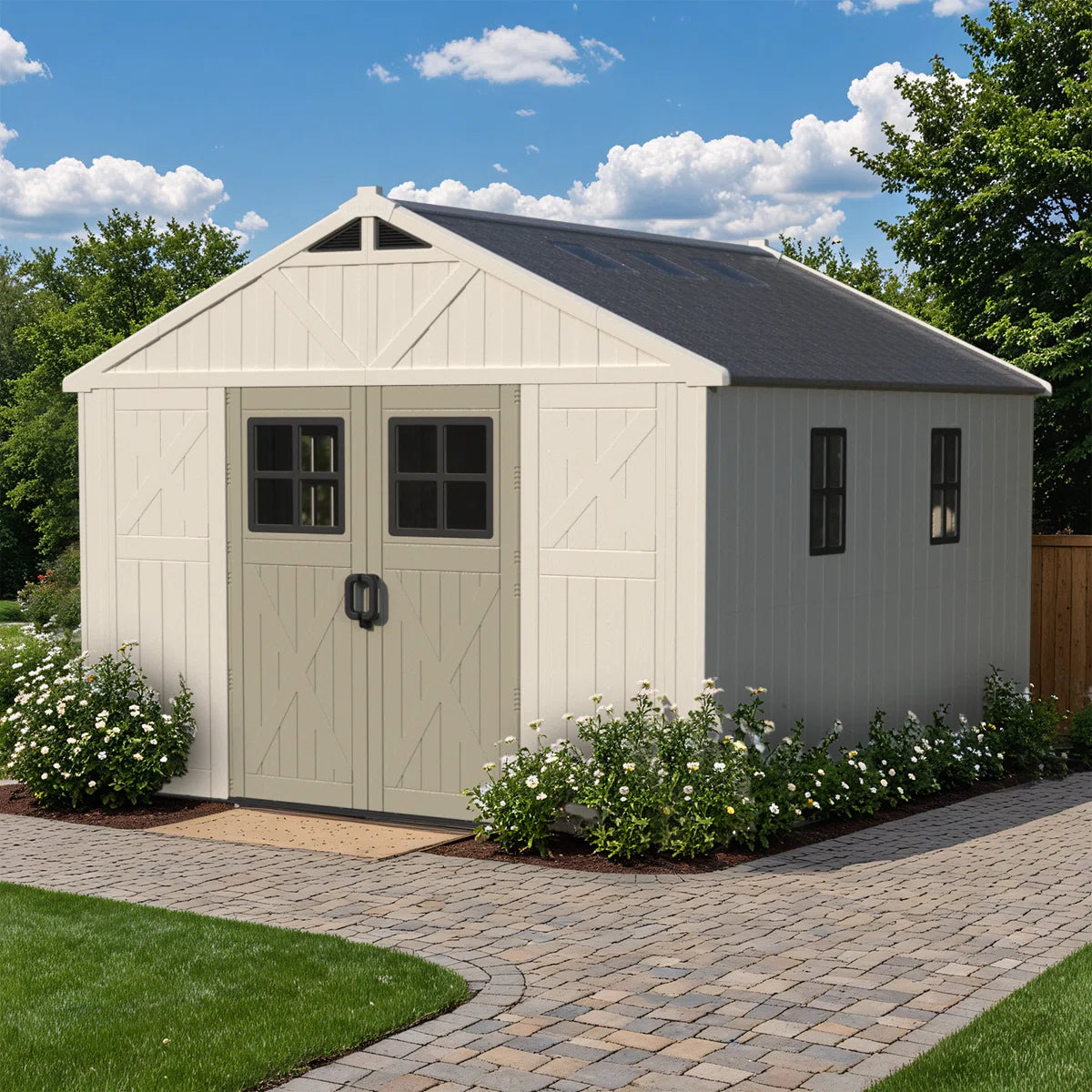 10 Ft. W X 12 Ft. D Plastic Storage Shed With Floor, Resin Shed With Reinforced Steel Structure, Beige