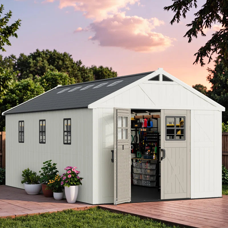10 Ft. W X 16 Ft. D Plastic Storage Shed With Floor, Resin Shed With Reinforced Steel Structure, Beige