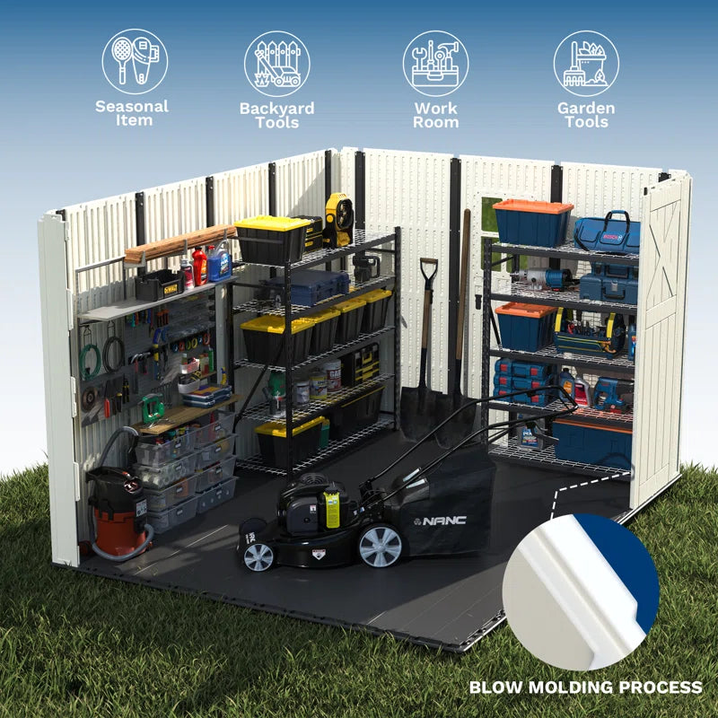 10 Ft. W X 8 Ft. D Plastic Storage Shed With Floor, Resin Shed With Reinforced Steel Structure, Beige