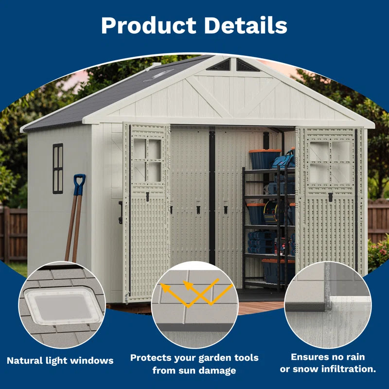 10 Ft. W X 8 Ft. D Plastic Storage Shed With Floor, Resin Shed With Reinforced Steel Structure, Beige