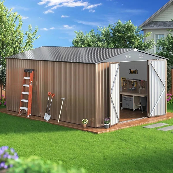 10 ft. W x 14 ft. D Outdoor Metal Shed Storage with Reinforced Steel Frame and Lockable Doors, Brown
