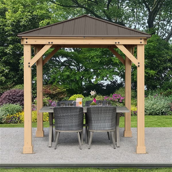 Yardistry Meridian 8-ft x 8-ft Natural Cedar Stain Wood Square Gazebo with Aluminum Roof
