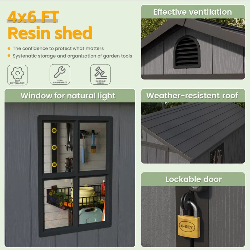 4 ft. W x 6 ft. D Plastic Storage Shed with Floor, Resin Shed with Window and Lockable Door