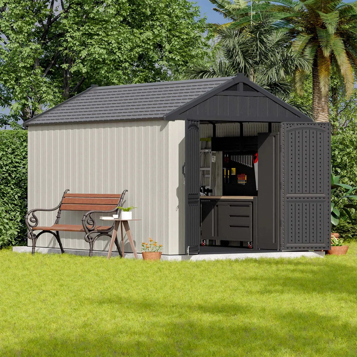 8 Ft. W X 12 Ft. D Plastic Storage Shed With Floor, Resin Shed With Reinforced Steel Structure, Beige