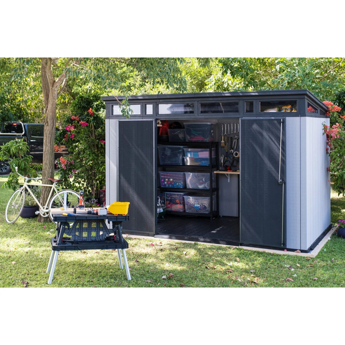 Keter Artisan 11x7 ft. Modern Durable Resin Outdoor Storage Shed With Floor and Double Doors for Garden Patio Furniture and Tools, Grey