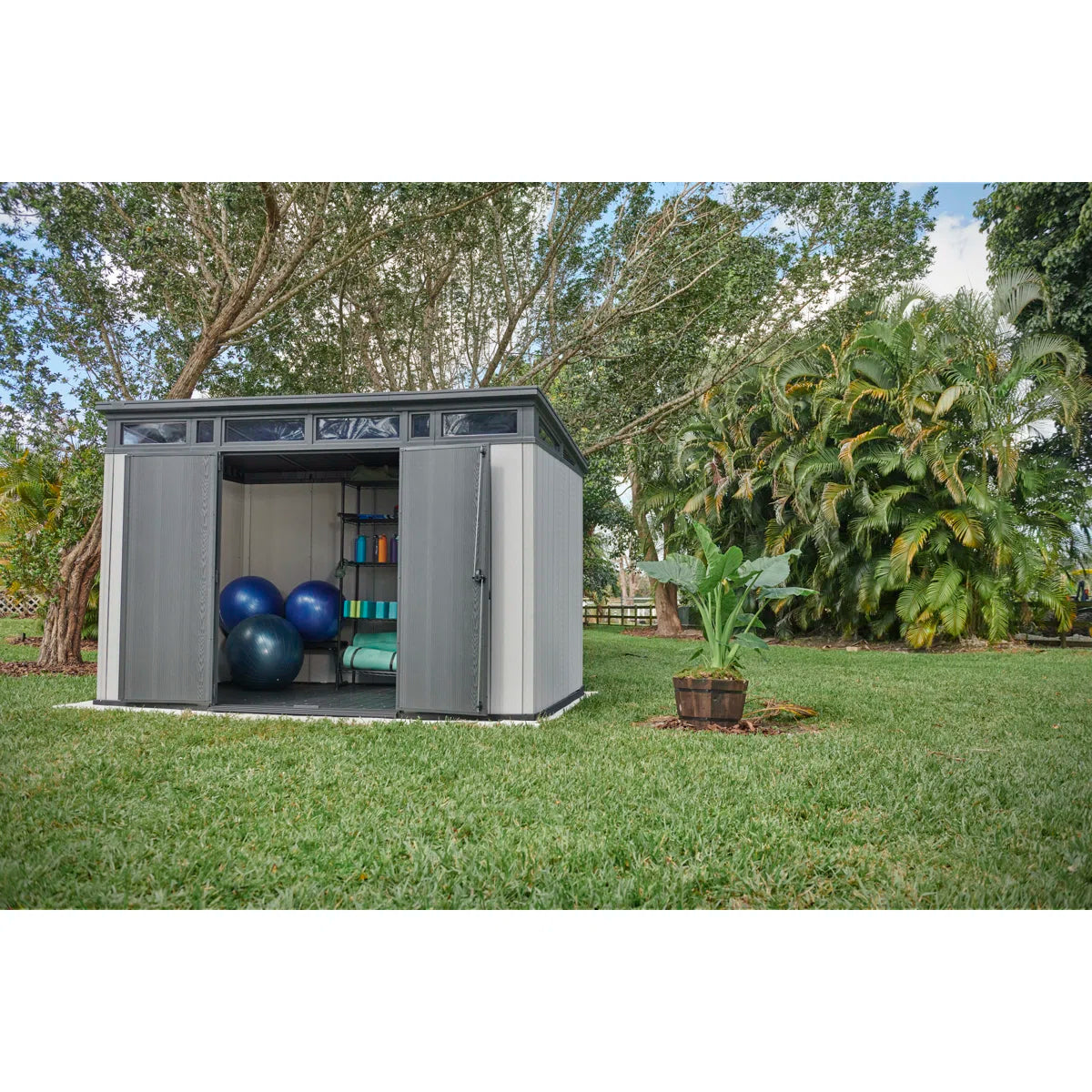 Keter Artisan 11x7 ft. Modern Durable Resin Outdoor Storage Shed With Floor and Double Doors for Garden Patio Furniture and Tools, Grey