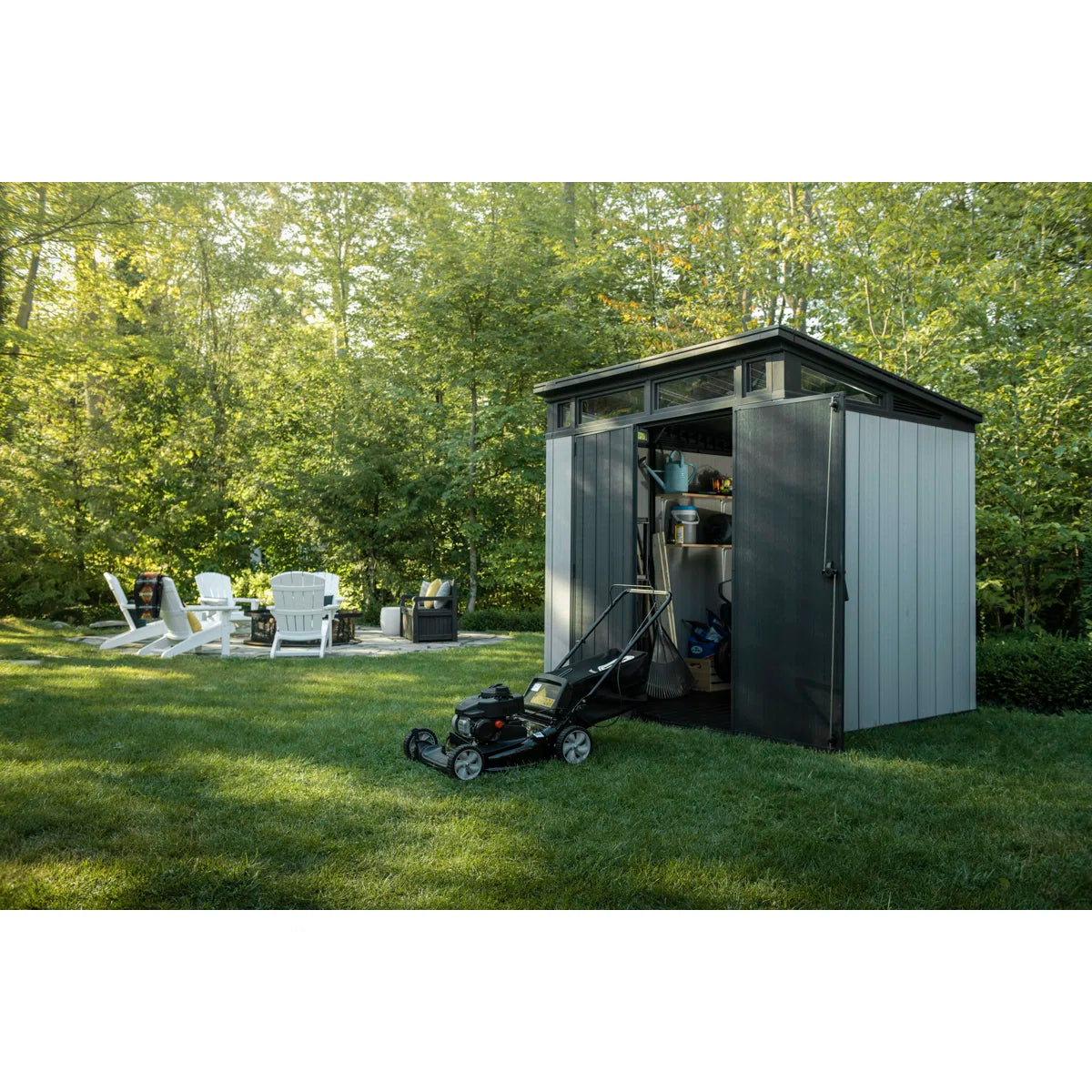 Keter Artisan 7x7 ft. Modern Durable Resin Outdoor Storage Shed With Floor and Double Doors for Garden Patio Furniture and Tools, Grey