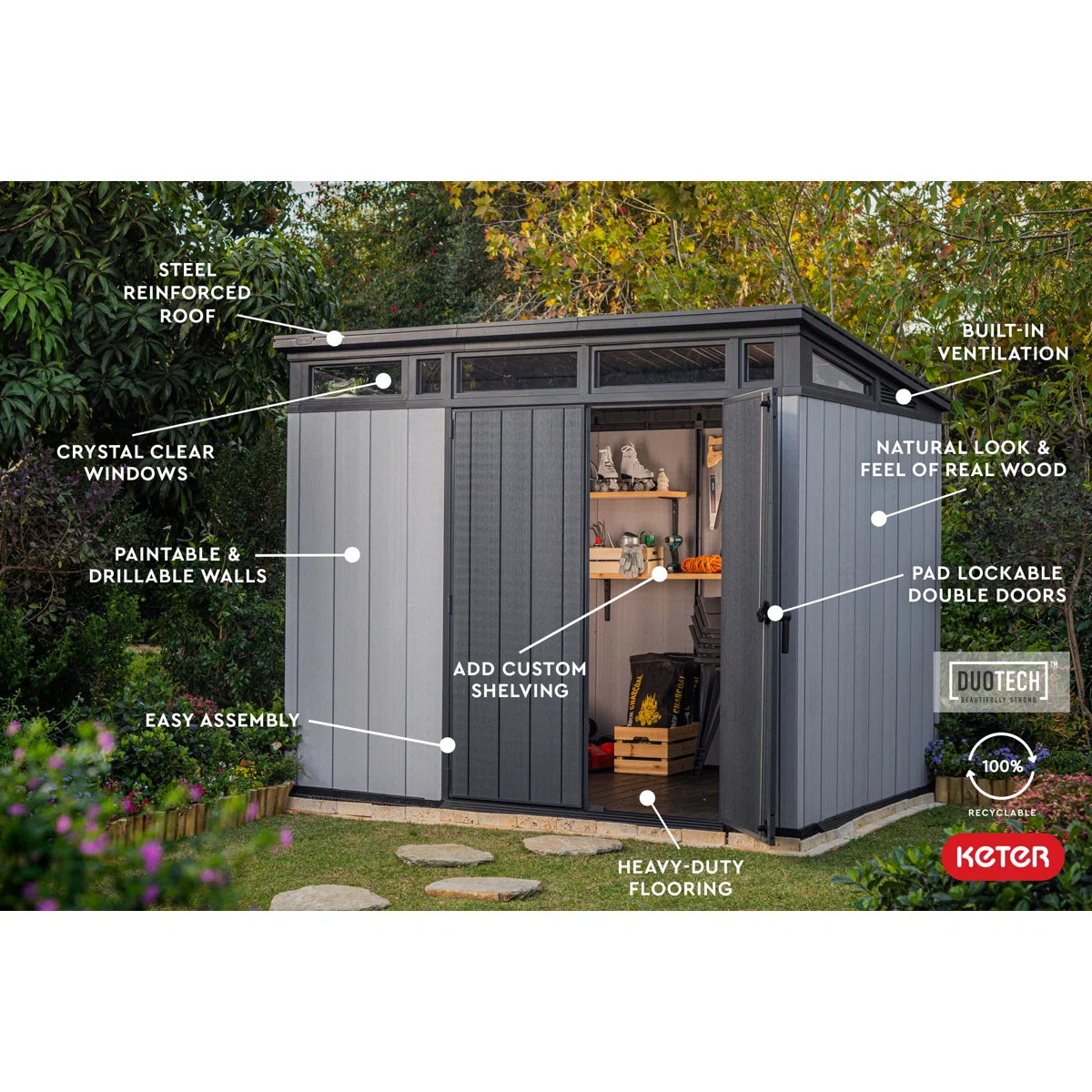Keter Artisan 9x7 ft. Modern Durable Resin Outdoor Storage Shed With Floor and Double Doors for Garden Patio Furniture and Tools, Grey