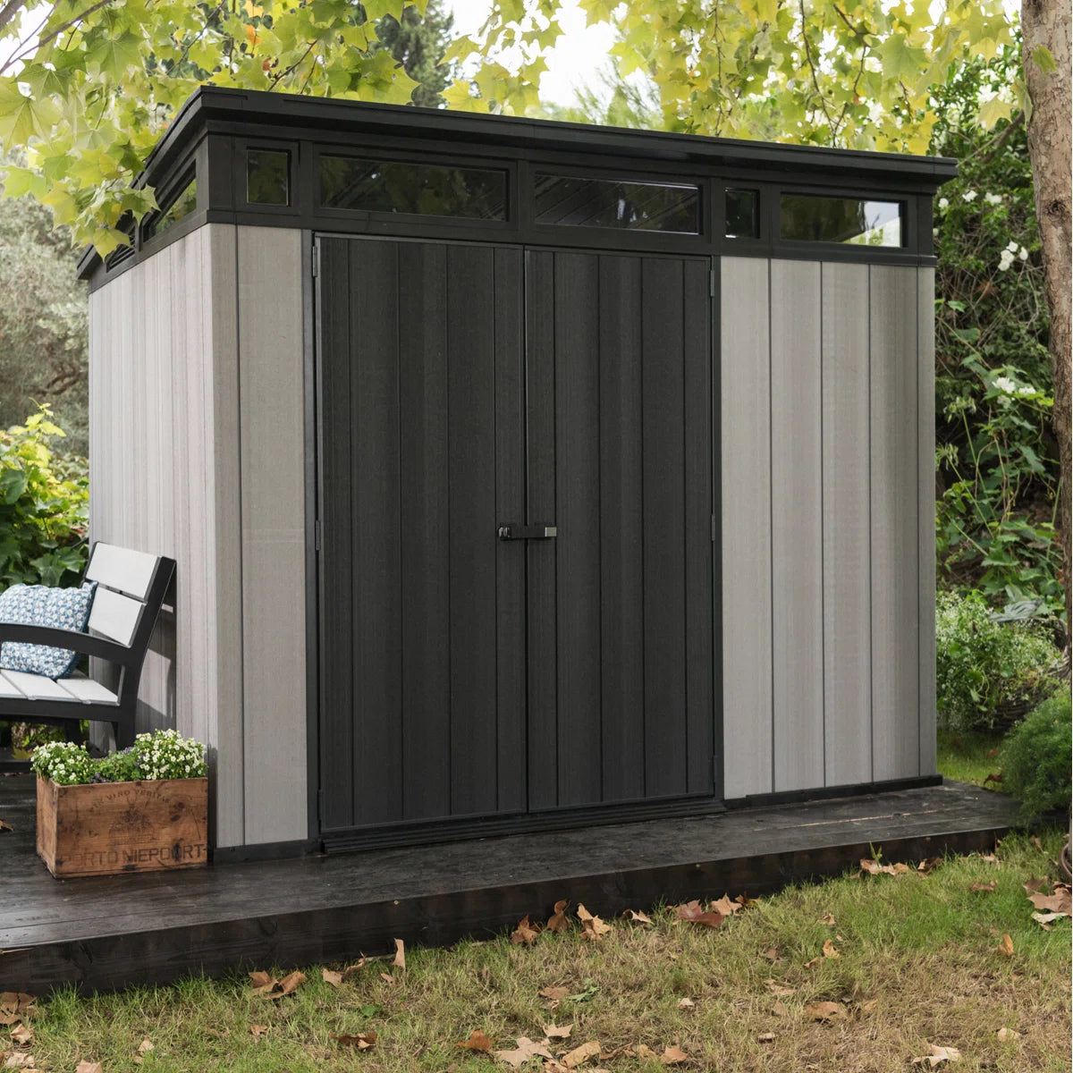 Keter Artisan 9x7 ft. Modern Durable Resin Outdoor Storage Shed With Floor and Double Doors for Garden Patio Furniture and Tools, Grey
