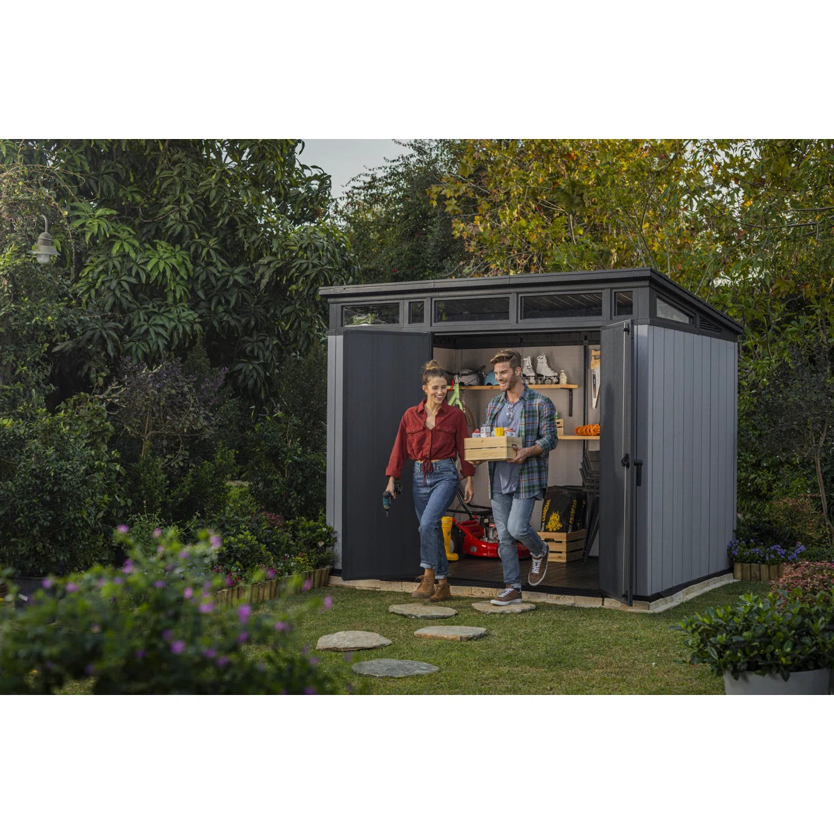 Keter Artisan 9x7 ft. Modern Durable Resin Outdoor Storage Shed With Floor and Double Doors for Garden Patio Furniture and Tools, Grey