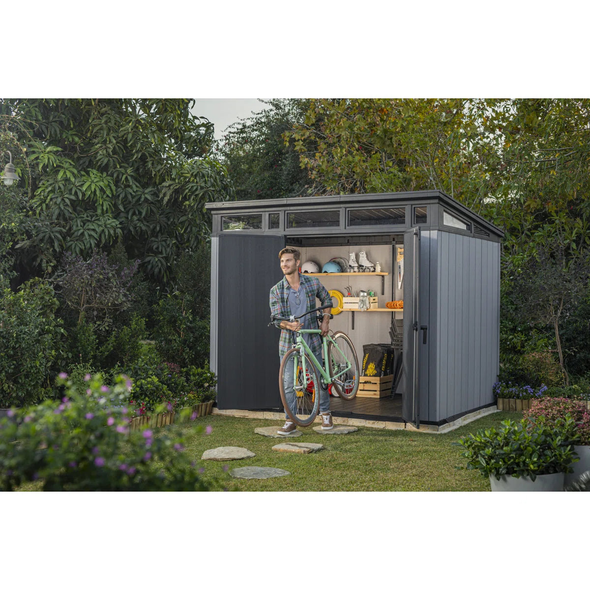 Keter Artisan 9x7 ft. Modern Durable Resin Outdoor Storage Shed With Floor and Double Doors for Garden Patio Furniture and Tools, Grey