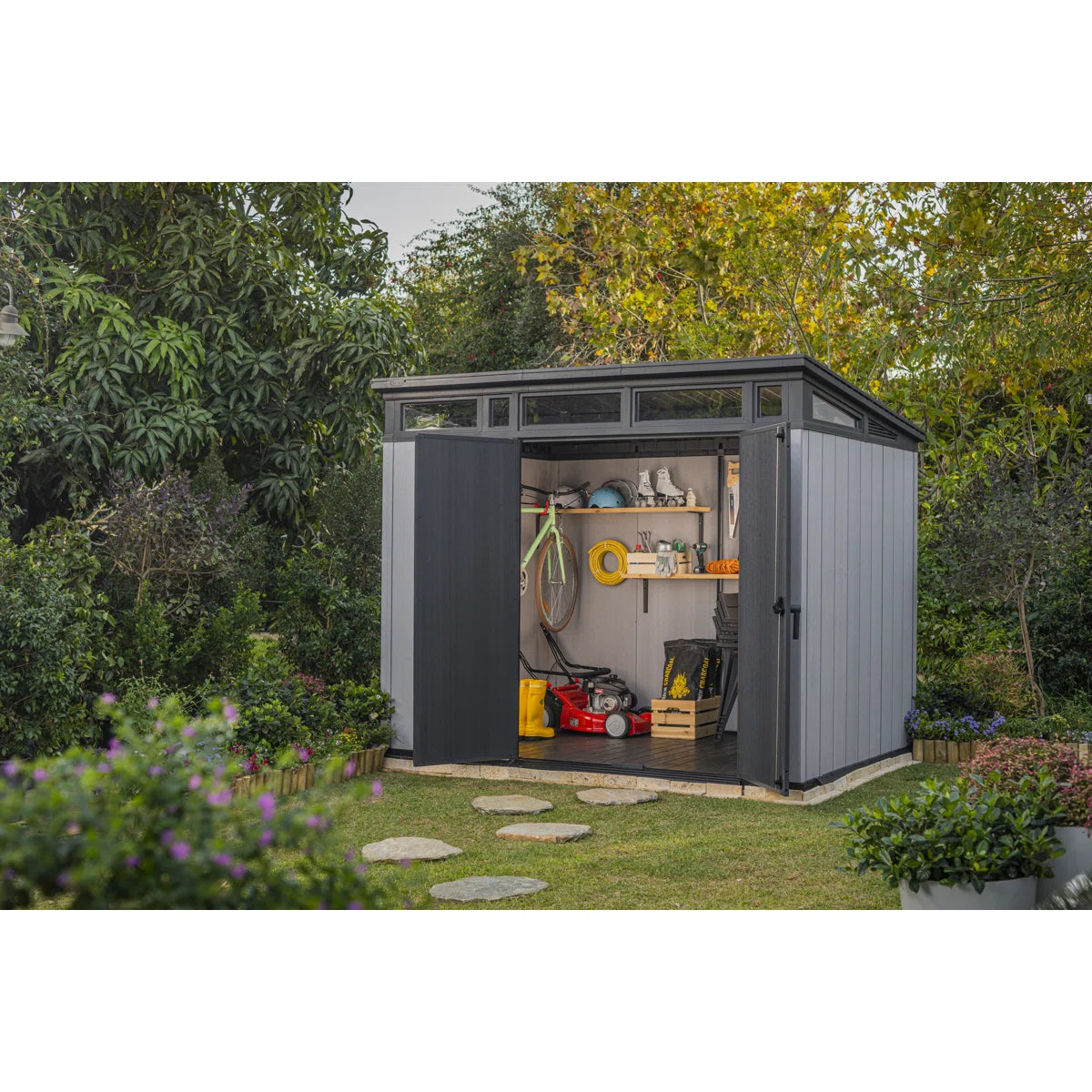 Keter Artisan 9x7 ft. Modern Durable Resin Outdoor Storage Shed With Floor and Double Doors for Garden Patio Furniture and Tools, Grey