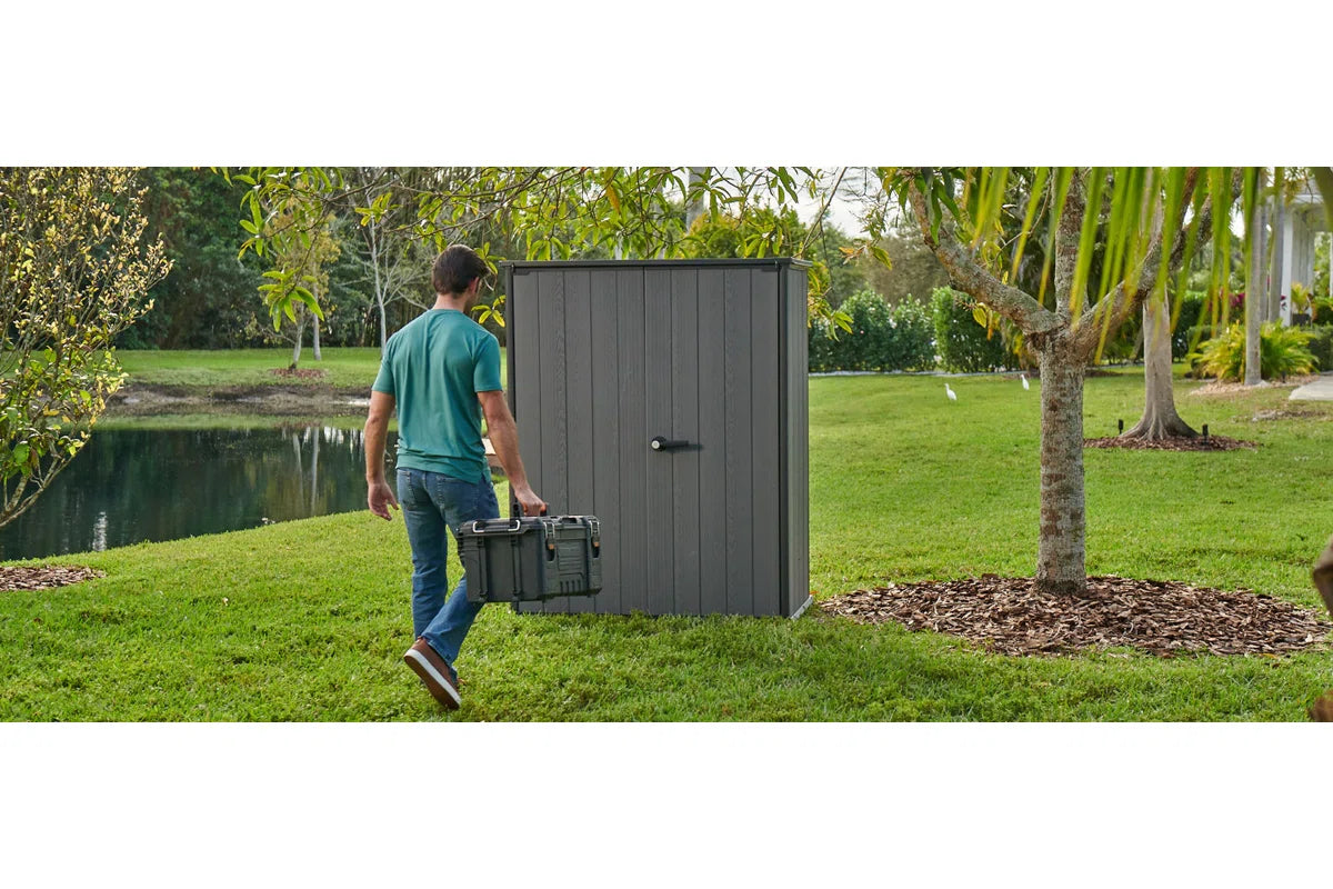Keter Cortina Alto Veritcal Durable Resin Outdoor Storage Shed With Floor and Double Doors for Garden Patio Furniture and Tools, Graphite