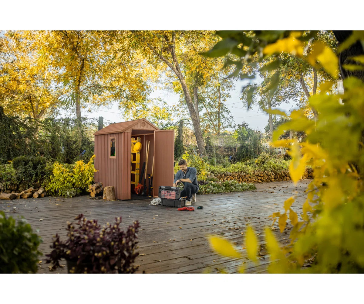 Keter Darwin 4x6 ft. Durable Resin Outdoor Storage Shed With Floor and Double Doors for Garden Patio Furniture and Tools, Brown