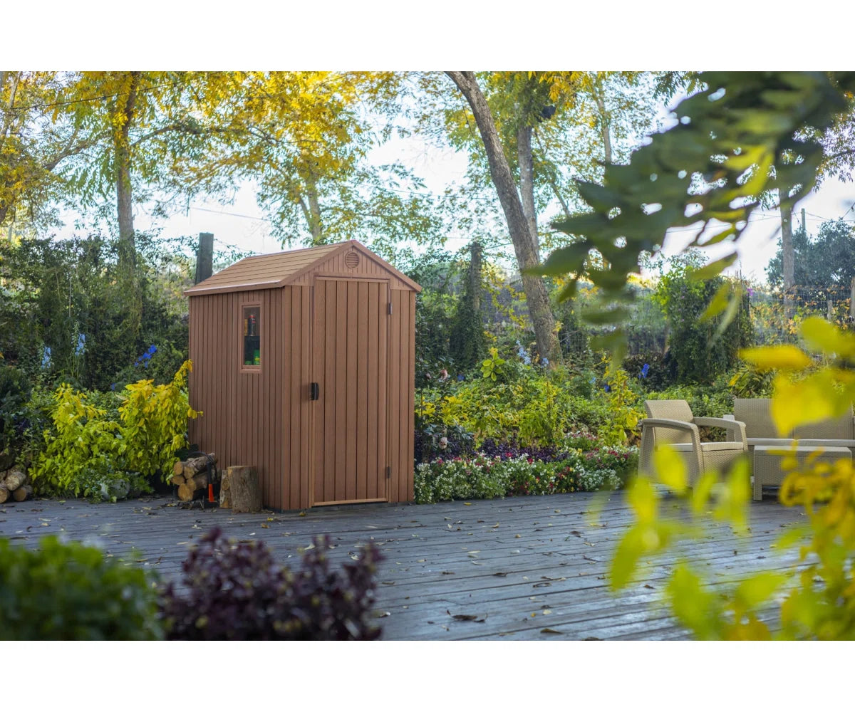 Keter Darwin 4x6 ft. Durable Resin Outdoor Storage Shed With Floor and Double Doors for Garden Patio Furniture and Tools, Brown