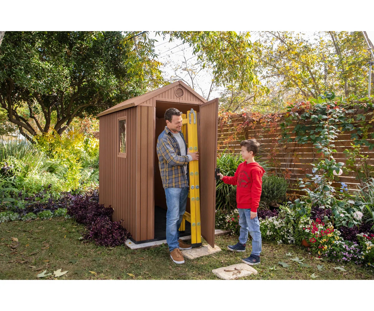 Keter Darwin 4x6 ft. Durable Resin Outdoor Storage Shed With Floor and Double Doors for Garden Patio Furniture and Tools, Brown