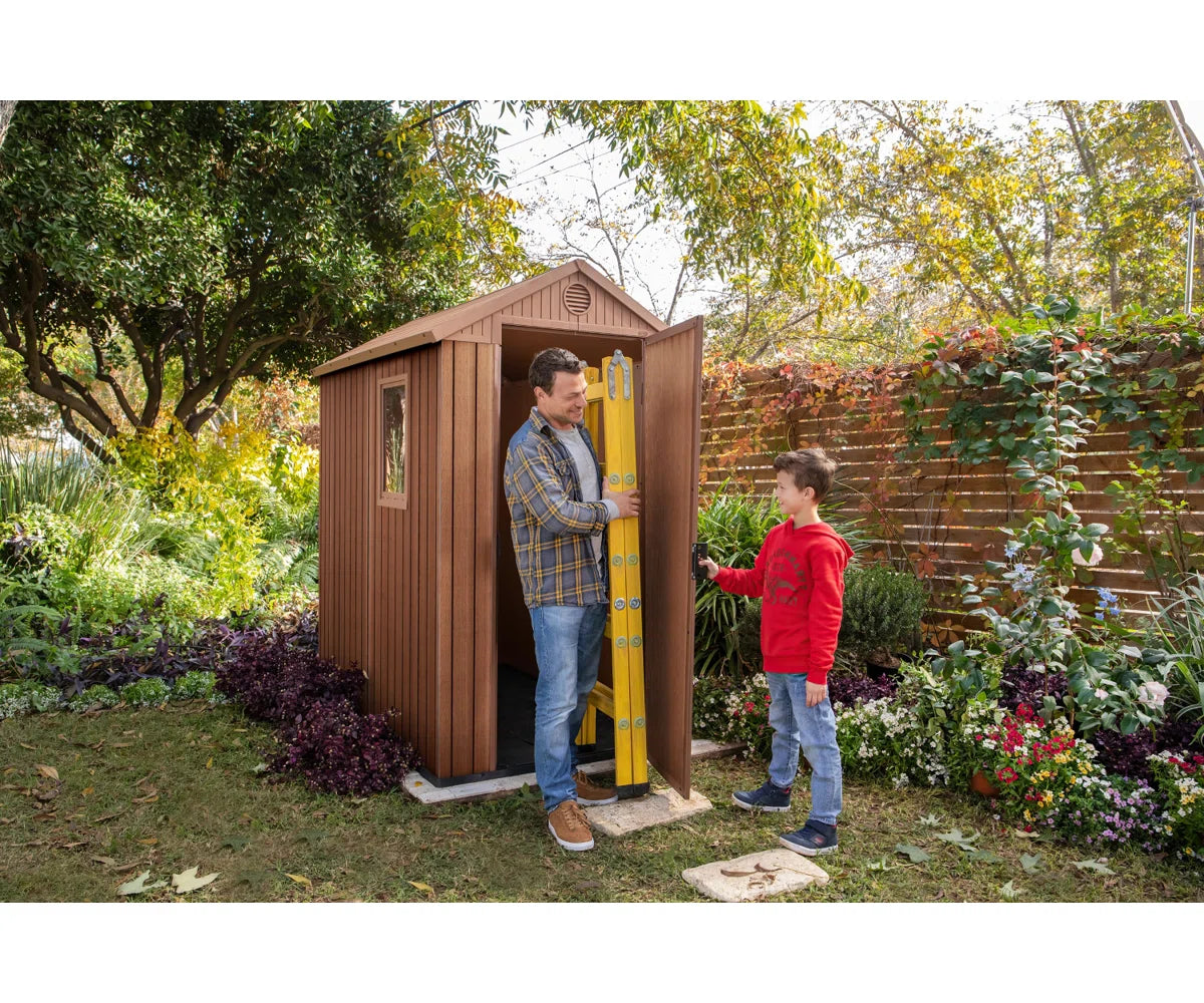 Keter Darwin 4x6 ft. Durable Resin Outdoor Storage Shed With Floor and Double Doors for Garden Patio Furniture and Tools, Brown