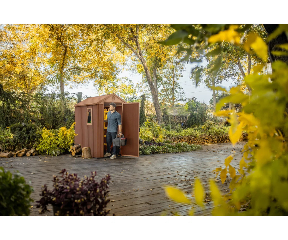 Keter Darwin 4x6 ft. Durable Resin Outdoor Storage Shed With Floor and Double Doors for Garden Patio Furniture and Tools, Brown
