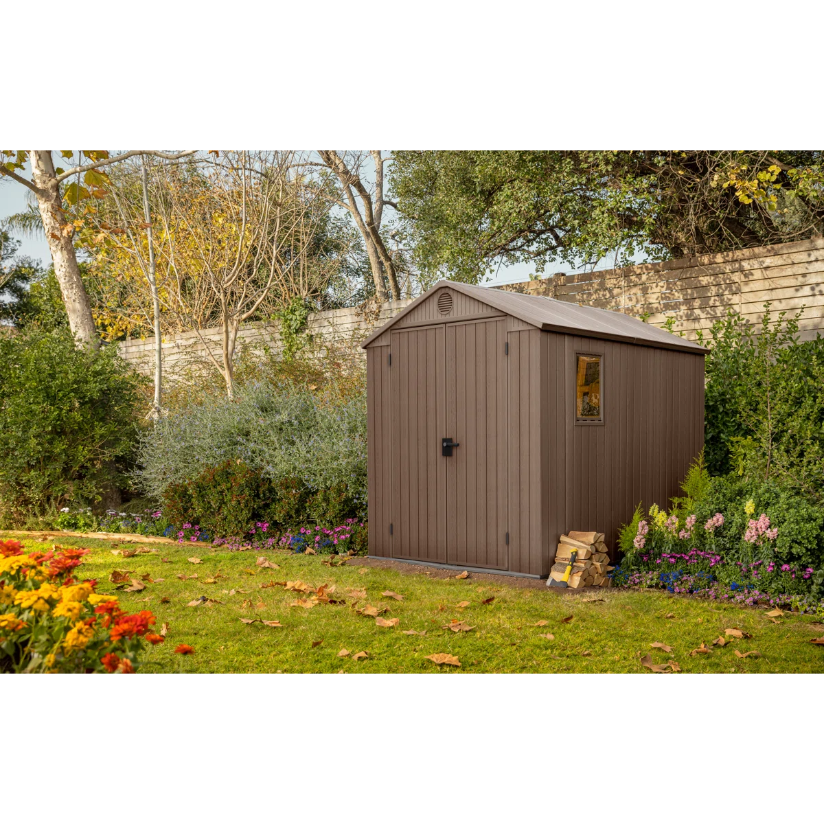 Keter Darwin 6x8 ft. Durable Resin Outdoor Storage Shed With Floor and Double Doors for Garden Patio Furniture and Tools, Brown
