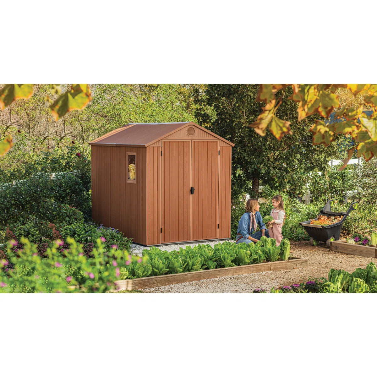Keter Darwin 6x8 ft. Durable Resin Outdoor Storage Shed With Floor and Double Doors for Garden Patio Furniture and Tools, Brown