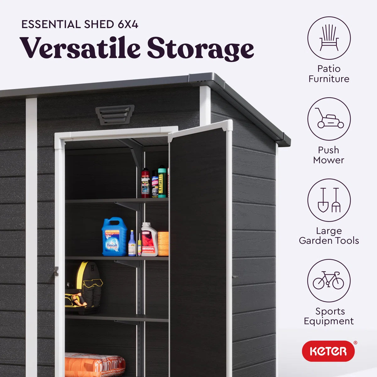 Keter Essential 6 x 4 ft. Durable Resin Outdoor Storage Shed With Floor and Double Doors for Garden Patio Furniture and Tools, Black