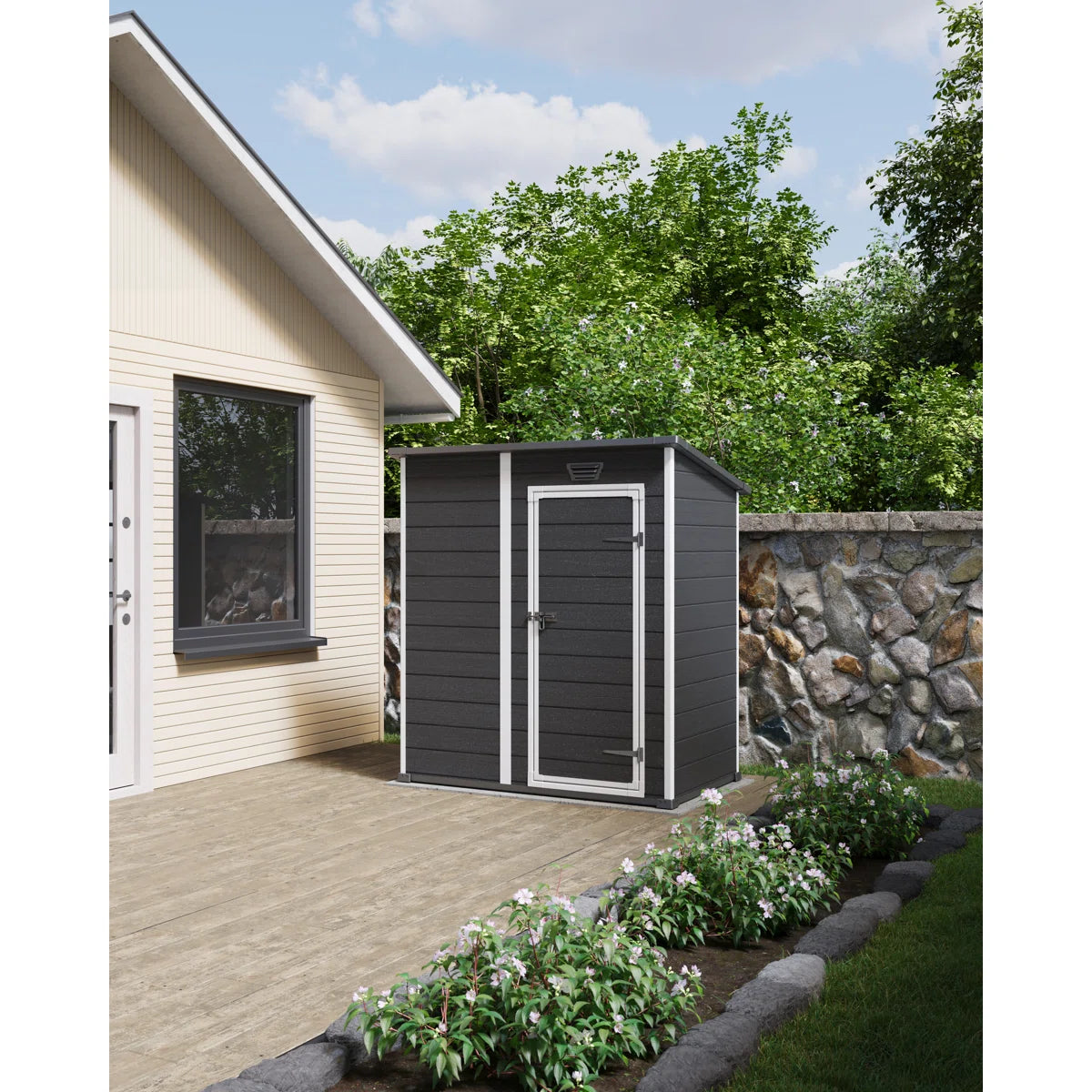 Keter Essential 6 x 4 ft. Durable Resin Outdoor Storage Shed With Floor and Double Doors for Garden Patio Furniture and Tools, Black