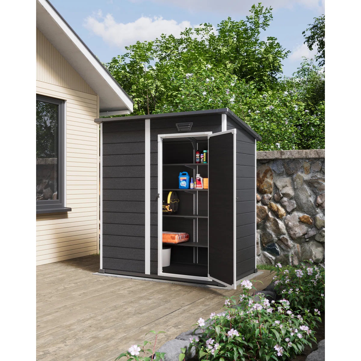 Keter Essential 6 x 4 ft. Durable Resin Outdoor Storage Shed With Floor and Double Doors for Garden Patio Furniture and Tools, Black