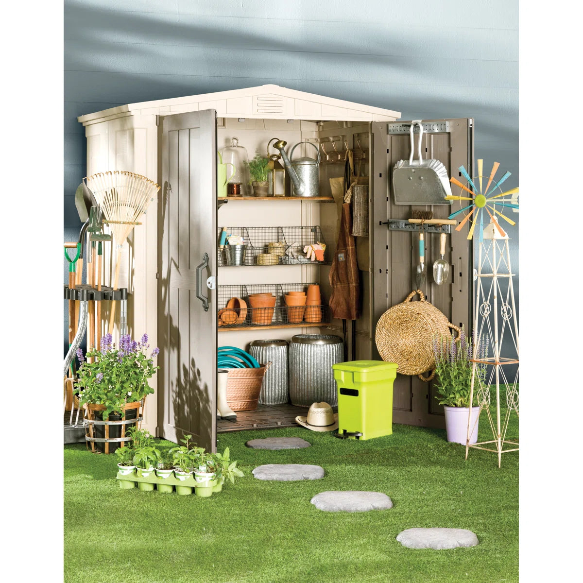 Keter Factor 6x3 ft. Durable Resin Outdoor Storage Shed With Floor and Double Doors for Garden Patio Furniture and Yard Tools, Brown