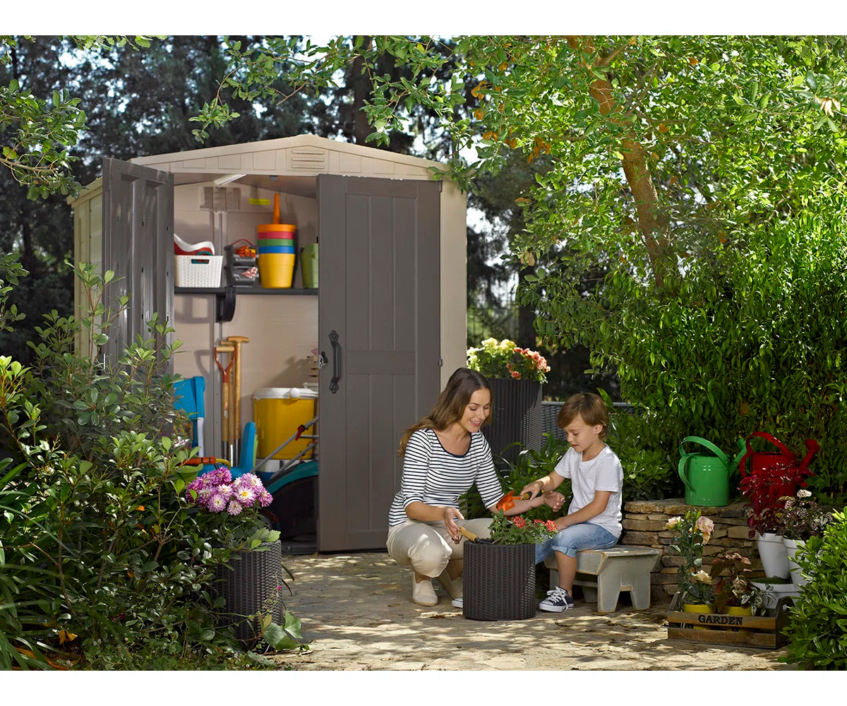 Keter Factor 6x6 ft. Durable Resin Outdoor Storage Shed With Floor and Double Doors for Garden Patio Furniture and Tools, Brown