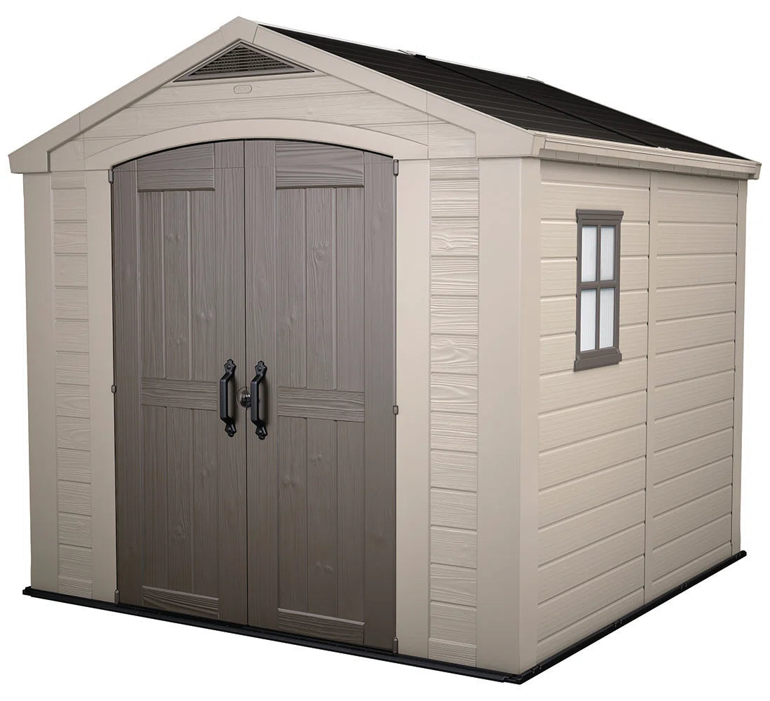 Keter Factor 8x8 ft. Durable Resin Outdoor Storage Shed With Floor and Double Doors for Garden Patio Furniture and Tools, Brown