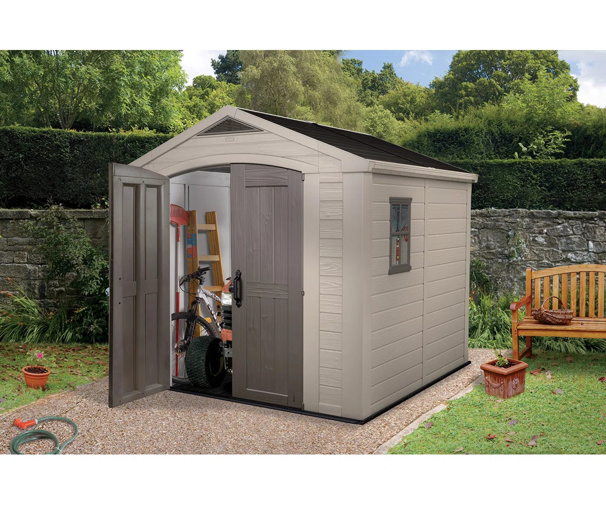 Keter Factor 8x8 ft. Durable Resin Outdoor Storage Shed With Floor and Double Doors for Garden Patio Furniture and Tools, Brown