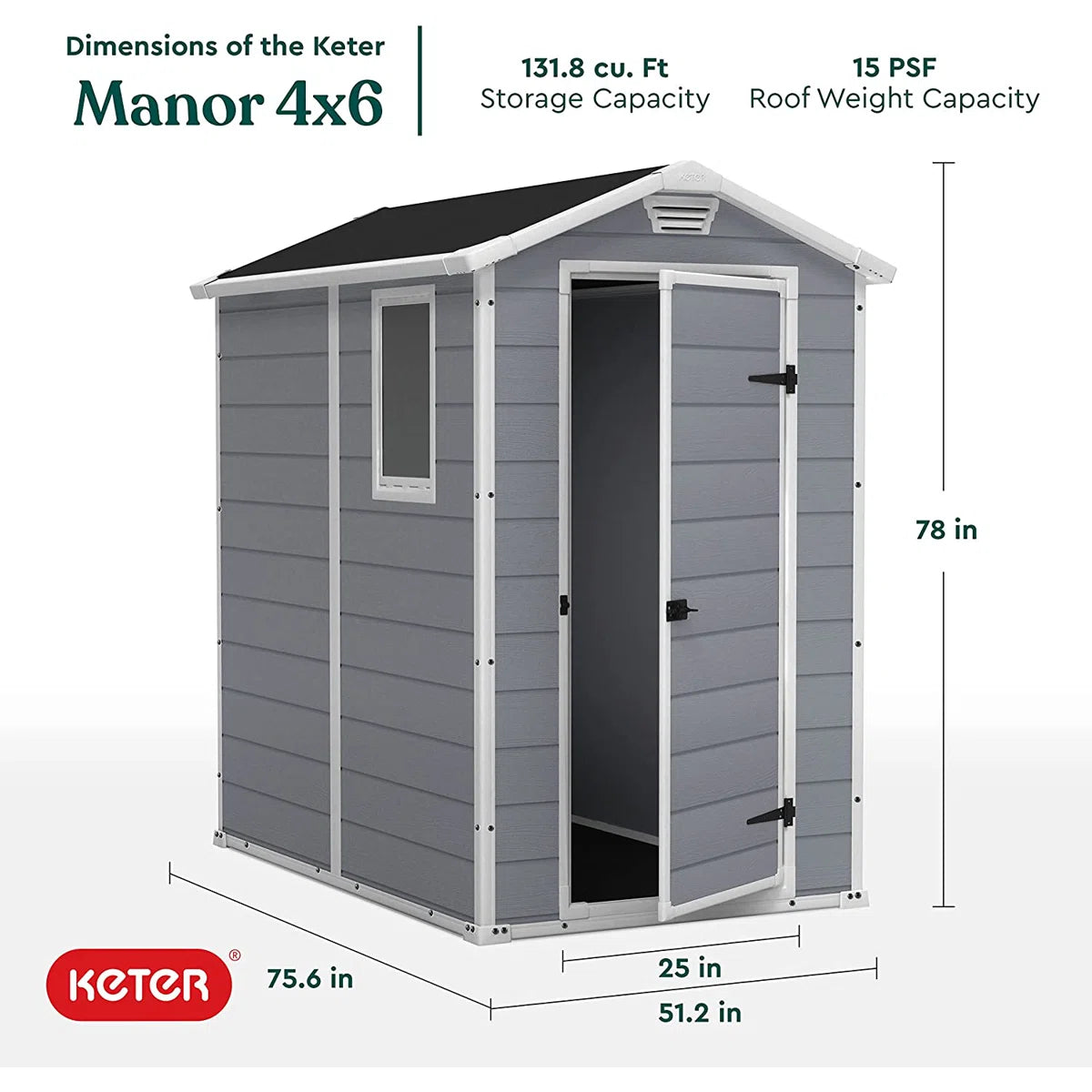 Keter Manor 4x6 ft. Durable Resin Outdoor Storage Shed With Floor and Double Doors for Garden Patio Furniture and Tools, Grey