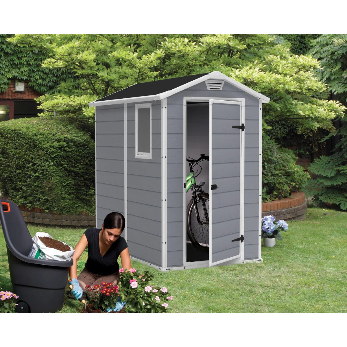 Keter Manor 4x6 ft. Durable Resin Outdoor Storage Shed With Floor and Double Doors for Garden Patio Furniture and Tools, Grey