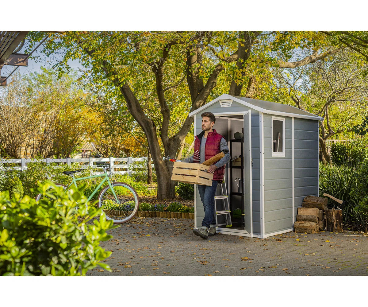Keter Manor 4x6 ft. Durable Resin Outdoor Storage Shed With Floor and Double Doors for Garden Patio Furniture and Tools, Grey