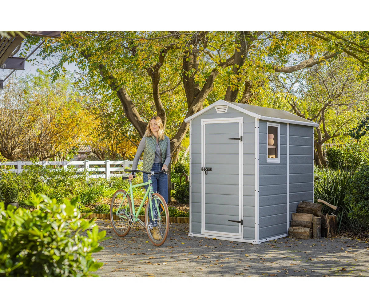 Keter Manor 4x6 ft. Durable Resin Outdoor Storage Shed With Floor and Double Doors for Garden Patio Furniture and Tools, Grey