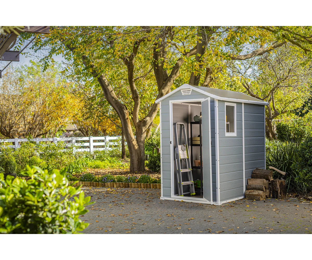 Keter Manor 4x6 ft. Durable Resin Outdoor Storage Shed With Floor and Double Doors for Garden Patio Furniture and Tools, Grey