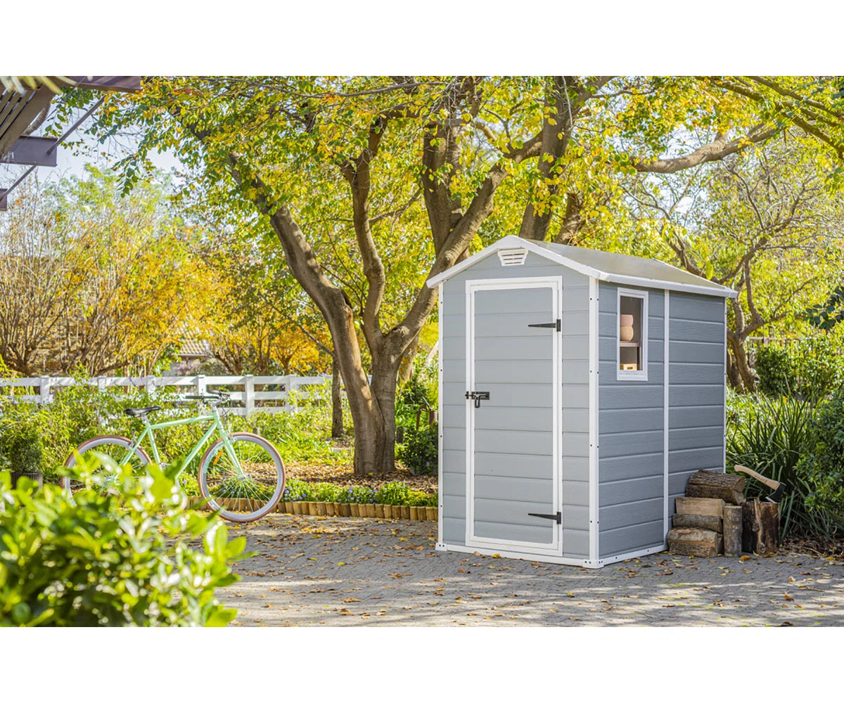 Keter Manor 4x6 ft. Durable Resin Outdoor Storage Shed With Floor and Double Doors for Garden Patio Furniture and Tools, Grey