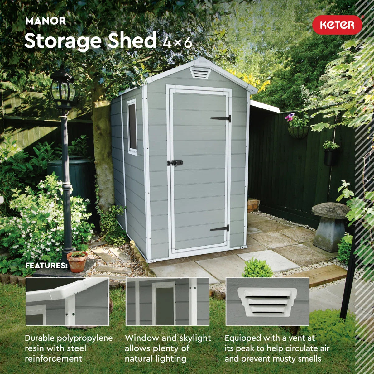Keter Manor 4x6 ft. Durable Resin Outdoor Storage Shed With Floor and Double Doors for Garden Patio Furniture and Tools, Grey