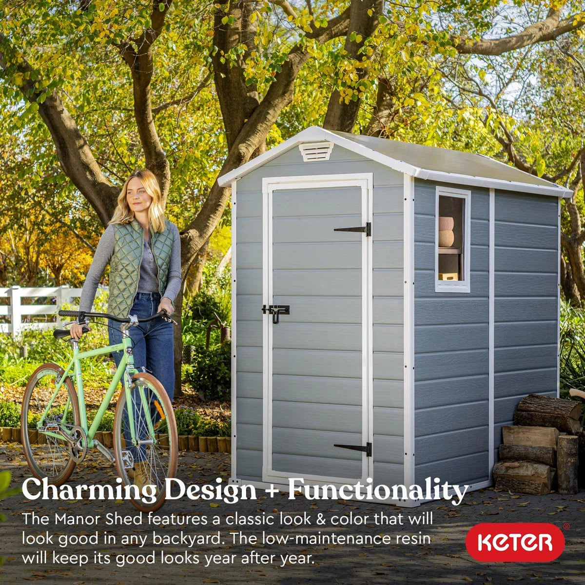 Keter Manor 4x6 ft. Durable Resin Outdoor Storage Shed With Floor and Double Doors for Garden Patio Furniture and Tools, Grey