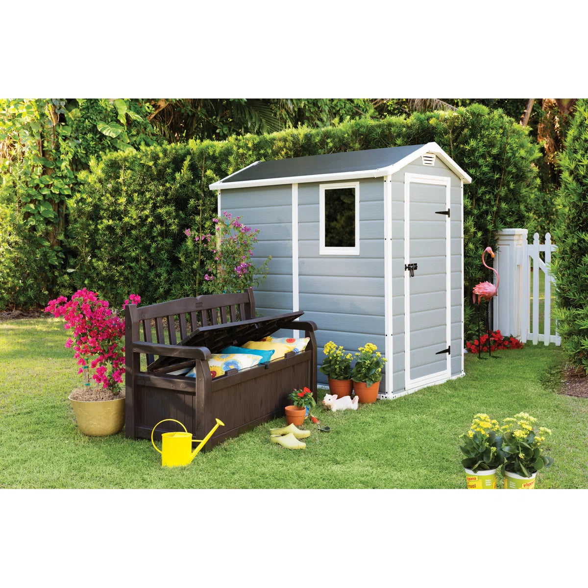 Keter Manor 4x6 ft. Durable Resin Outdoor Storage Shed With Floor and Double Doors for Garden Patio Furniture and Tools, Grey