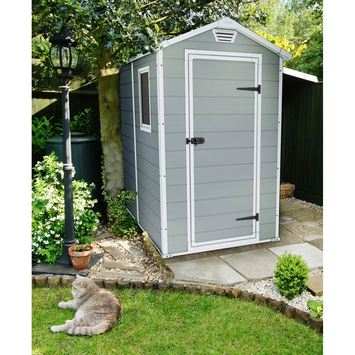 Keter Manor 4x6 ft. Durable Resin Outdoor Storage Shed With Floor and Double Doors for Garden Patio Furniture and Tools, Grey