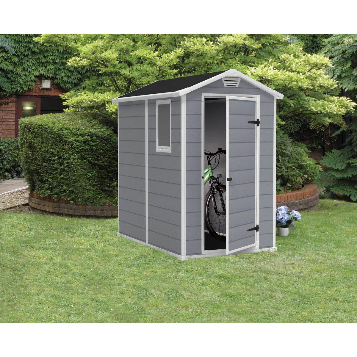 Keter Manor 4x6 ft. Durable Resin Outdoor Storage Shed With Floor and Double Doors for Garden Patio Furniture and Tools, Grey