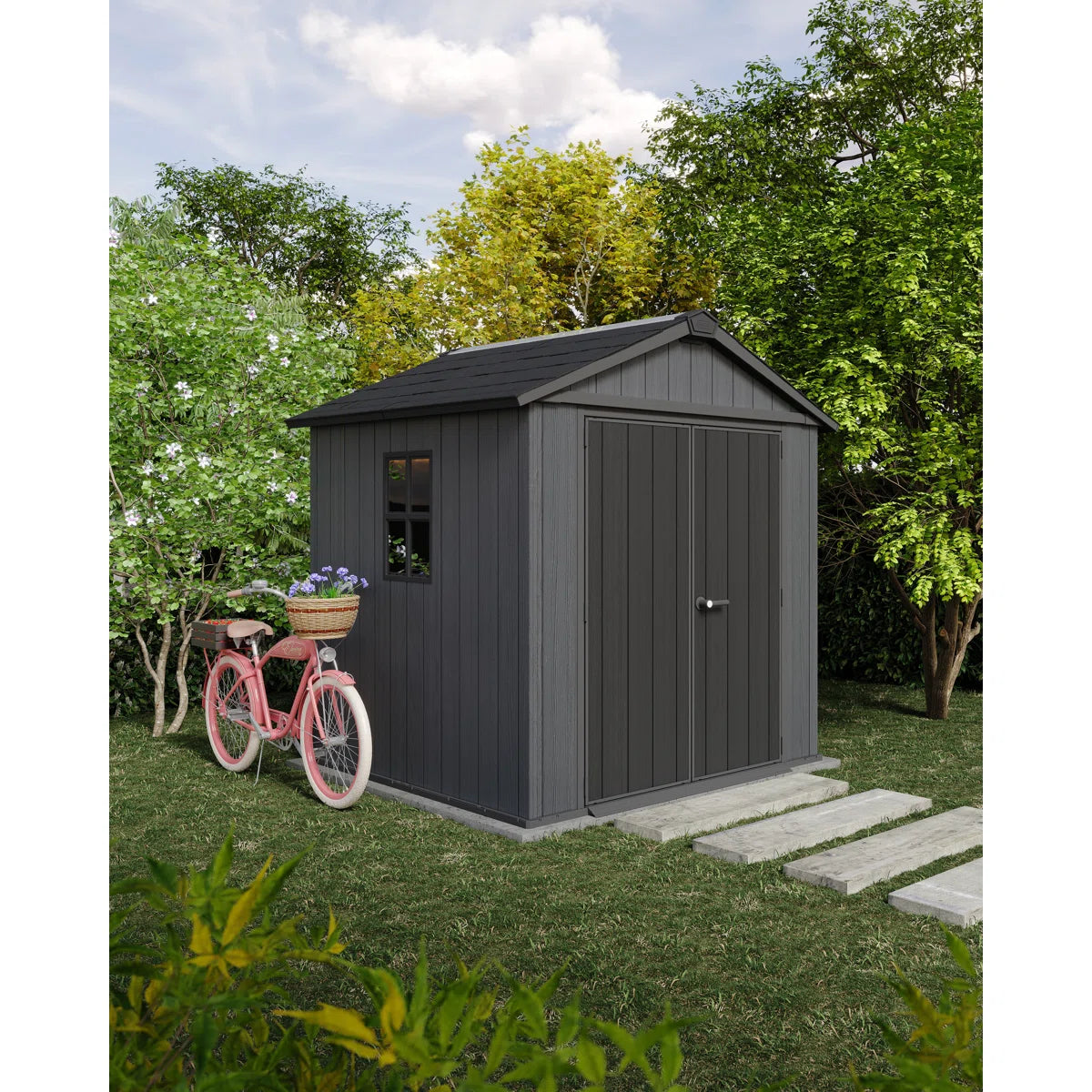 Keter Newton Plus Durable Resin Outdoor Storage Shed With Floor and Double Doors for Garden Patio Furniture and Tools, Graphite Grey (6 Available Sizes)
