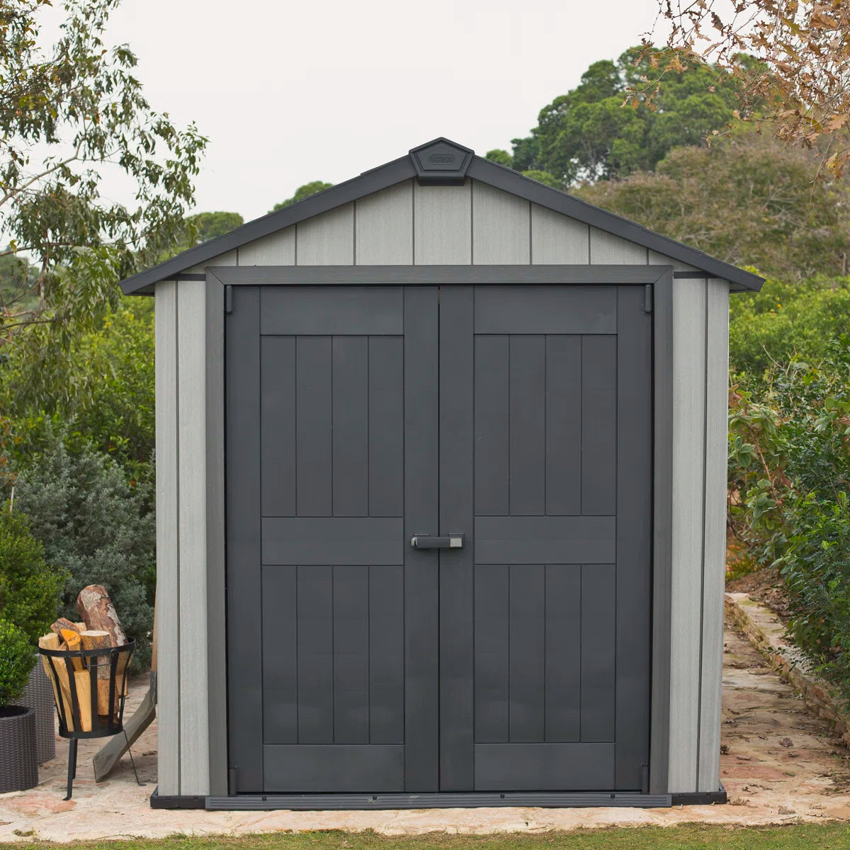 Keter Oakland 7.5x7 ft. Durable Resin Outdoor Storage Shed With Floor and Double Doors for Garden Patio Furniture and Tools, Grey