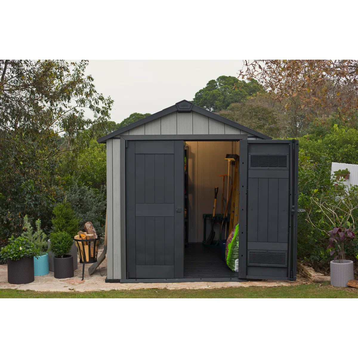 Keter Oakland 7.5x7 ft. Durable Resin Outdoor Storage Shed With Floor and Double Doors for Garden Patio Furniture and Tools, Grey
