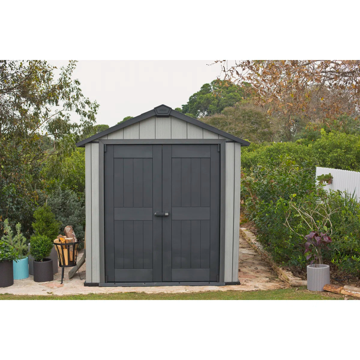 Keter Oakland 7.5x7 ft. Durable Resin Outdoor Storage Shed With Floor and Double Doors for Garden Patio Furniture and Tools, Grey
