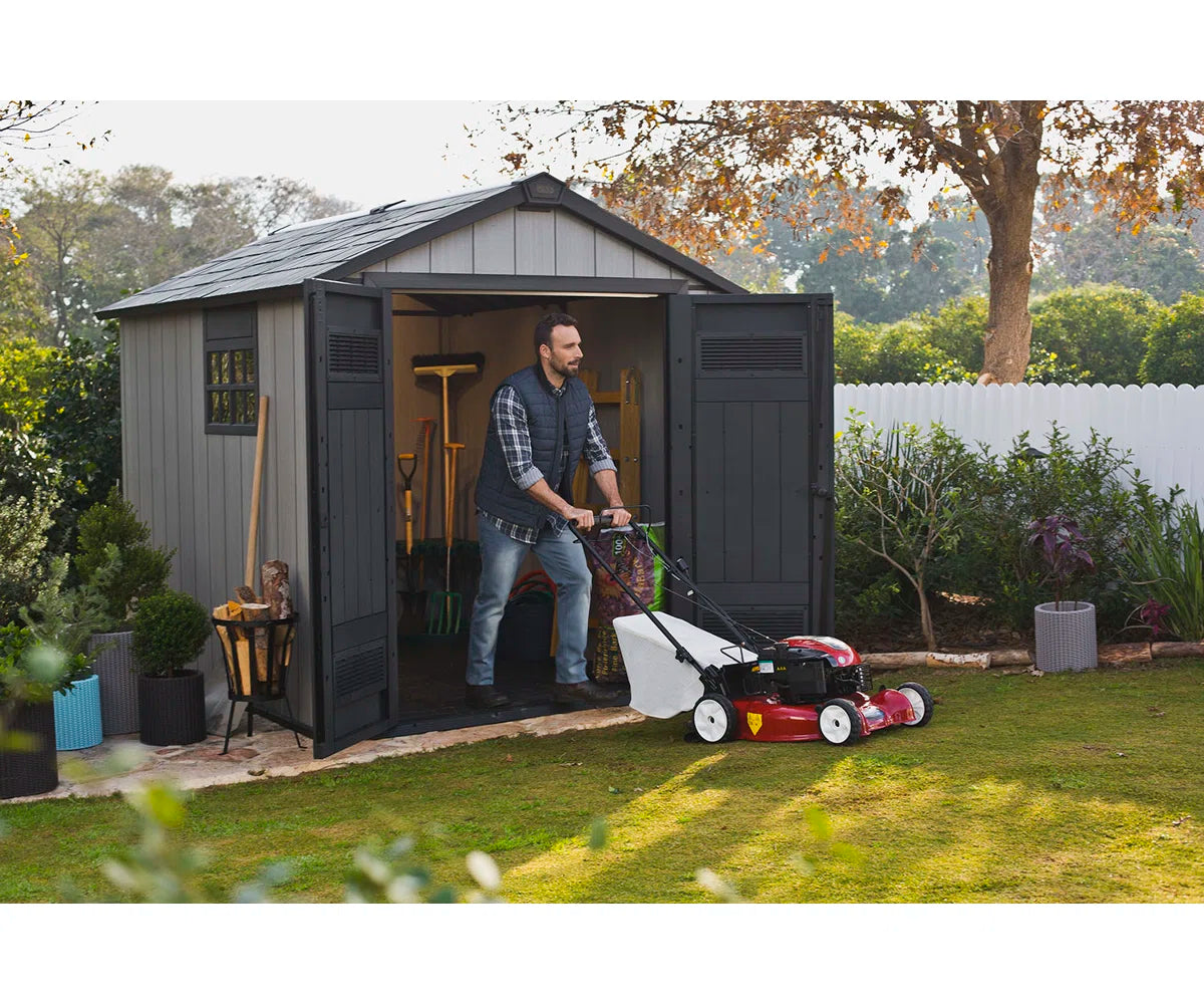 Keter Oakland 7.5x9 ft. Durable Resin Outdoor Storage Shed With Floor and Double Doors for Garden Patio Furniture and Tools, Grey