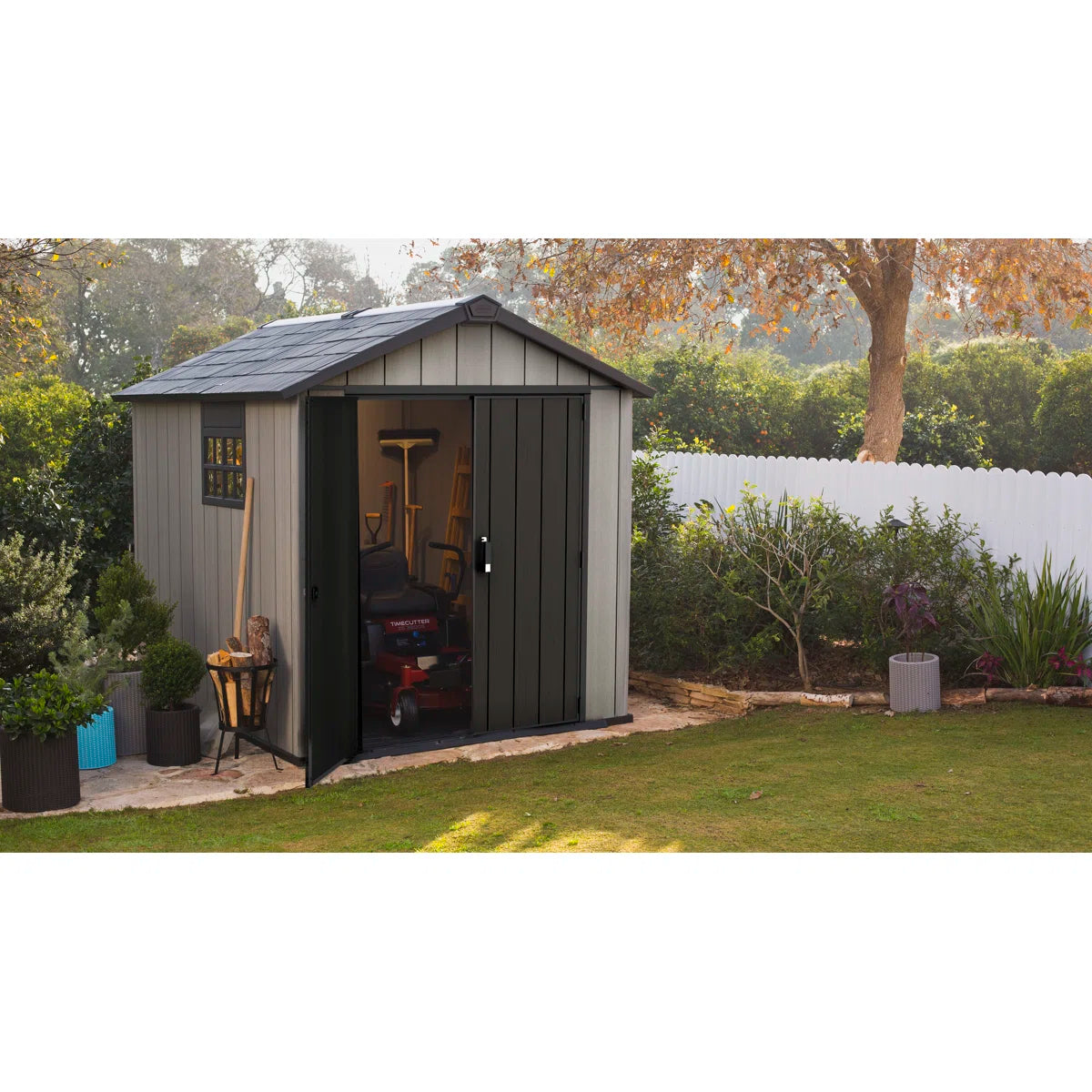 Keter Oakland 7.5x9 ft. Durable Resin Outdoor Storage Shed With Floor and Double Doors for Garden Patio Furniture and Tools, Grey