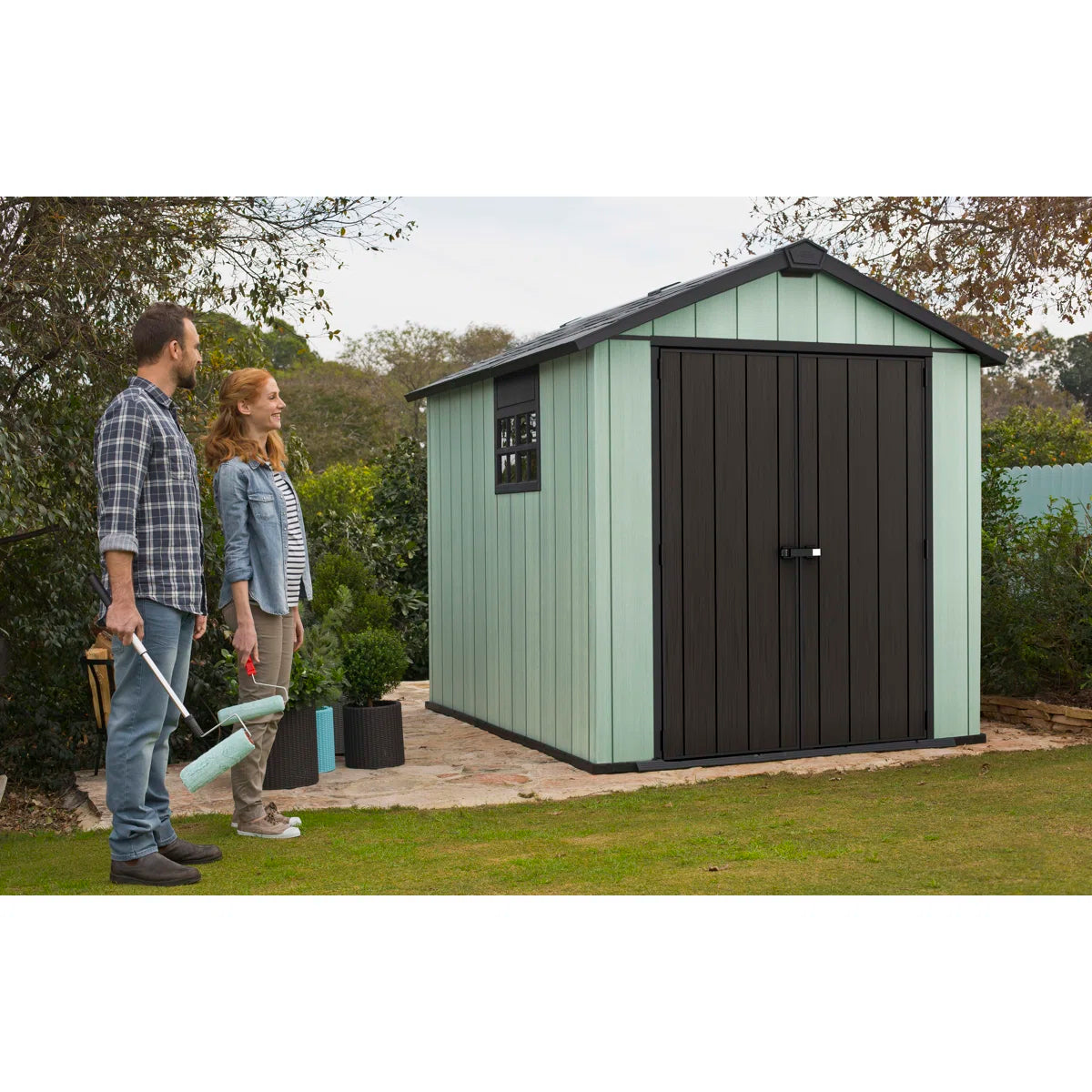 Keter Oakland 7.5x9 ft. Durable Resin Outdoor Storage Shed With Floor and Double Doors for Garden Patio Furniture and Tools, Grey