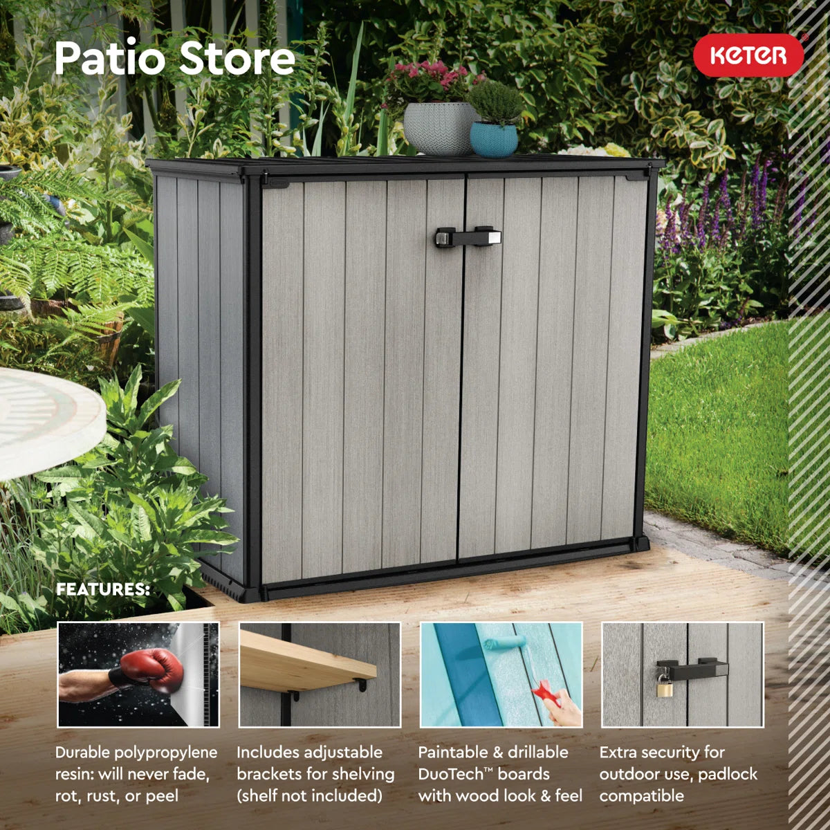 Keter Patio Store 4.6x4 ft. Horizontal Durable Resin Outdoor Storage Shed With Floor and Double Doors for Garden Patio Furniture and Tools